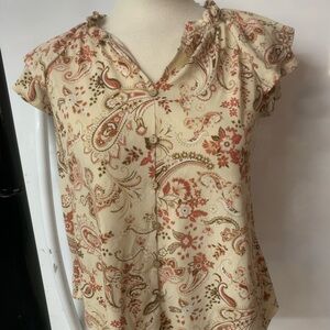 boho paisley ruffle blouse | size medium | flower and feather
